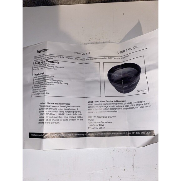 Vivitar 52mm 2.2x TELEPHOTO CAMERA LENS - VIV-52T - Includes Pouch & Cap - Picture 5 of 6